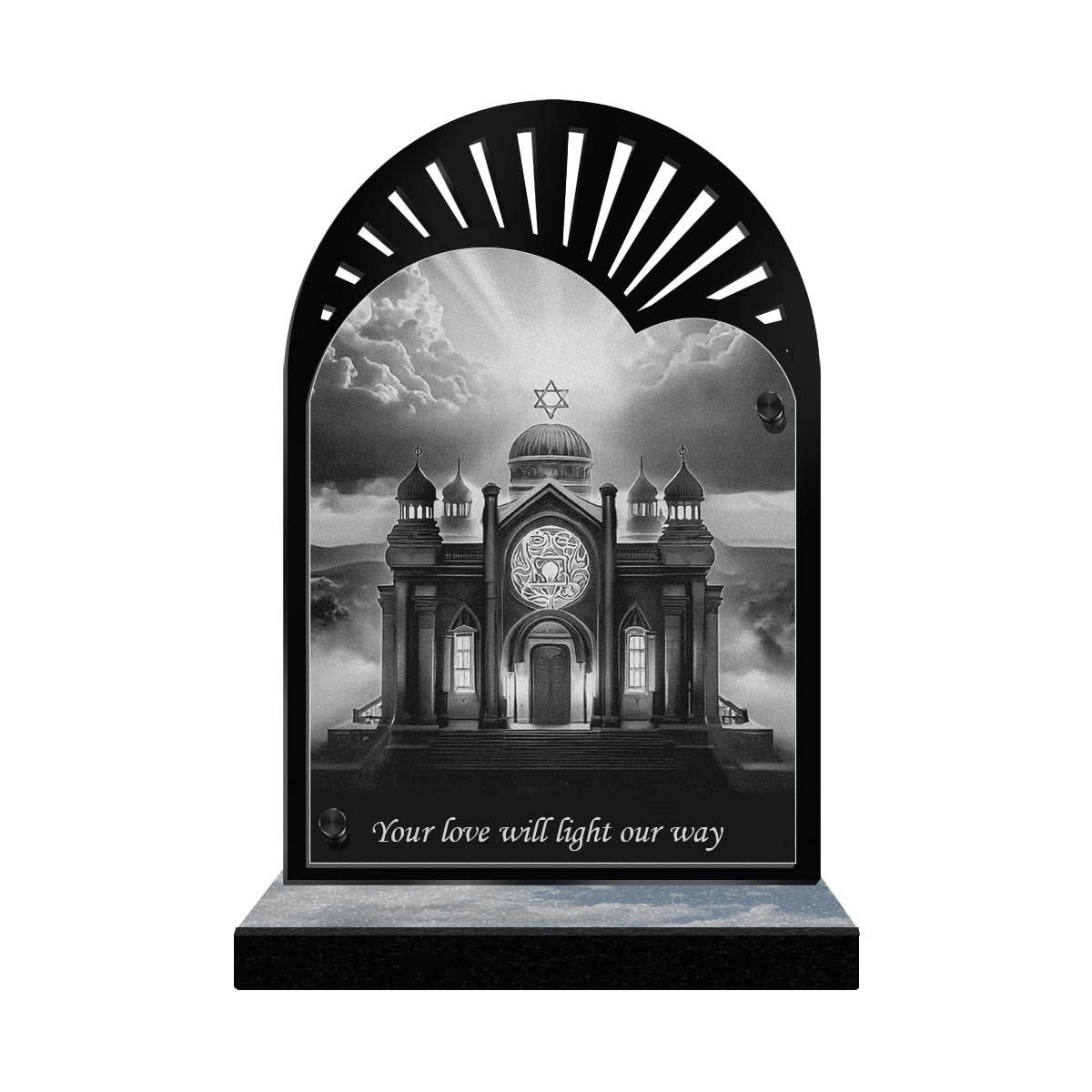 ETERNEL - Personalized Memorial Plaque Sun Rays - Judaism, Star of David - Customizable text, laser-engraved memorial plaque for tribute, tombstone, cemetery, burial