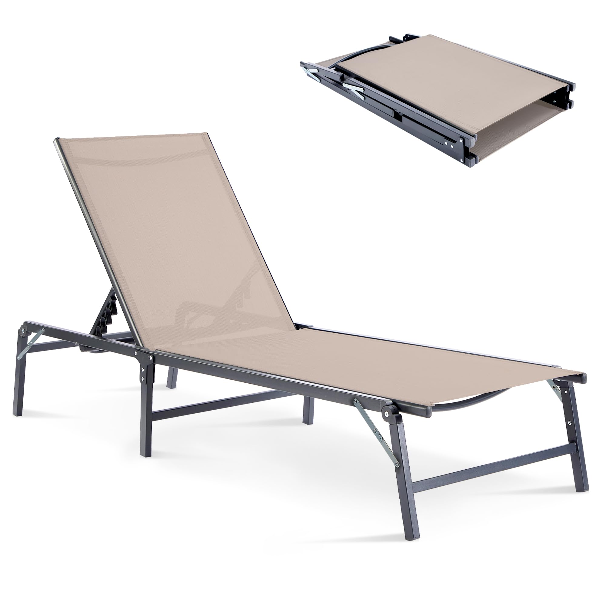 HOMELYM Outdoor Chaise Lounge Chair, Foldable & Assemble-Free, 6 Adjustable Positions, Durable Rust-Resistant Frame, Portable Outdoor Pool Lounge Chairs for Pool Patio Beach, Khaki