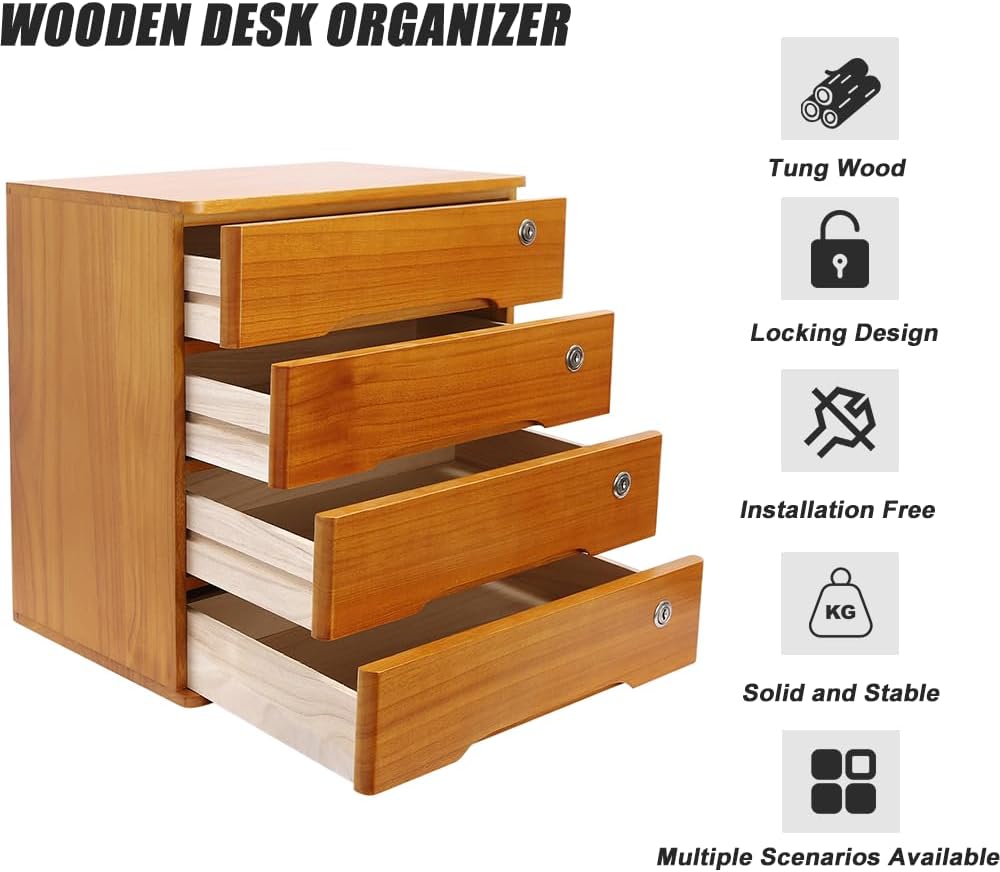 Vintage 4-Drawer Wooden Desk Organizer - Stackable Craft Storage Drawers with Lock - Rustic Desk Storage Box with Drawers - Multilevel Apothecary Cabinet - Ideal Home Office Organizers and Accessories
