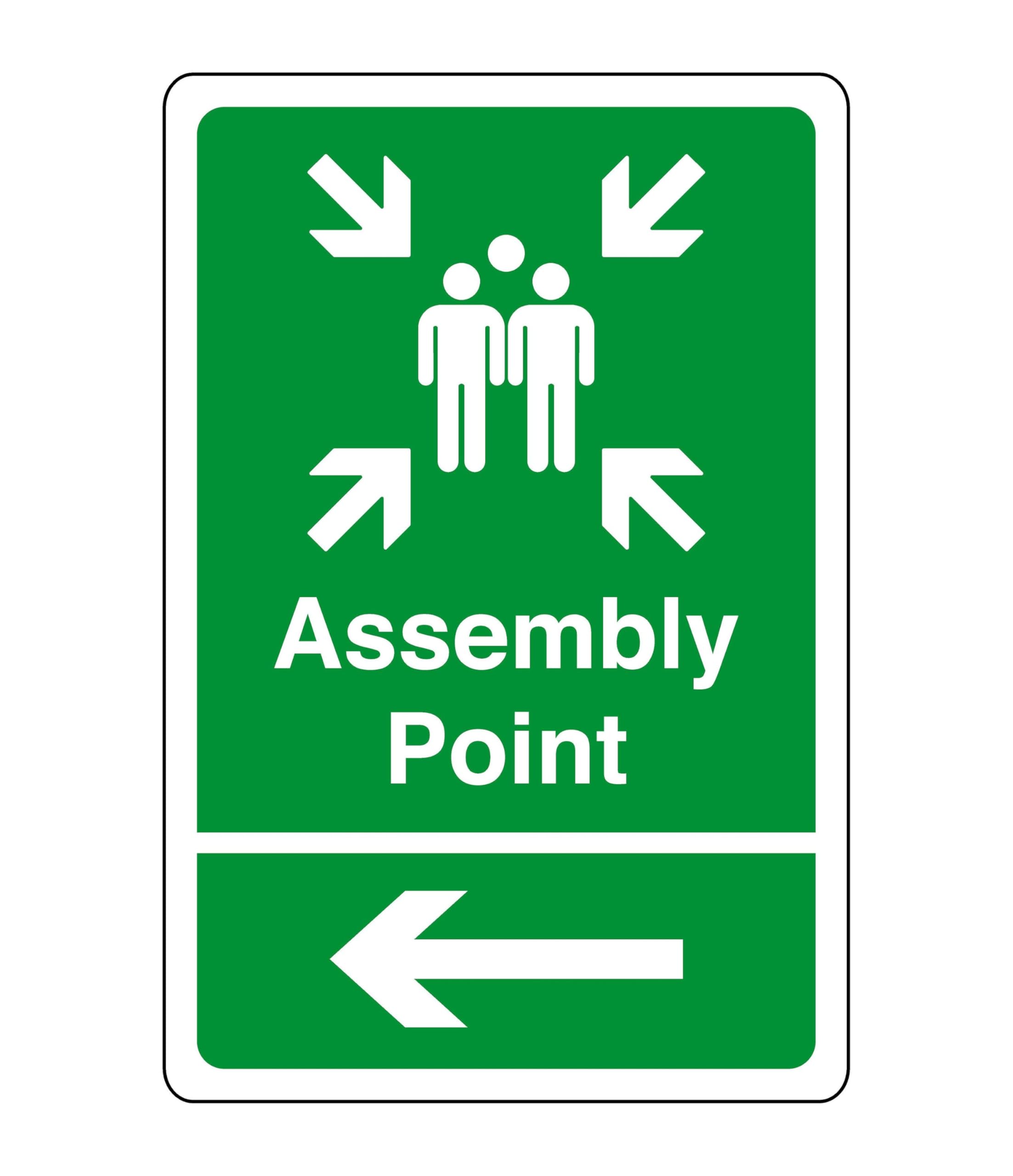 Assembly point arrow left sign - safety sign - business signs, carpark safety signs - 1.2mm Rigid plastic for indoor/outdoor usage (300mm x 200mm) Viewing Distance within 7m.