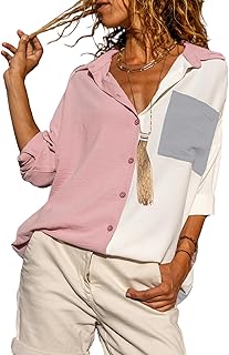 Blusa casual para mujer, cuello en V, botones de seda, color bloque de color, blusa de manga larga, túnica