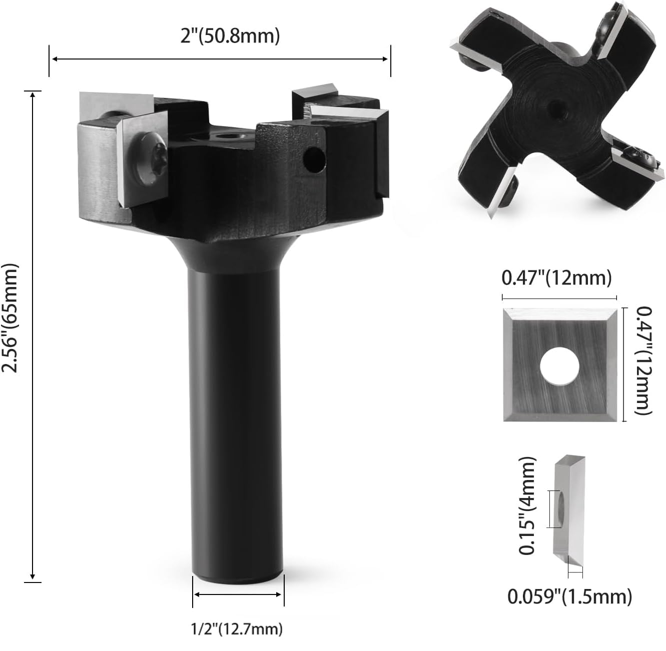 Punta per fresa CNC per superfici con codolo da 1,27 cm, diametro di taglio 5,1 cm, in carburo a 4 ali per appiattimento delle lastre in legno, con 10 inserti indicizzabili (12 x 12 x 1,5 mm, 35°)