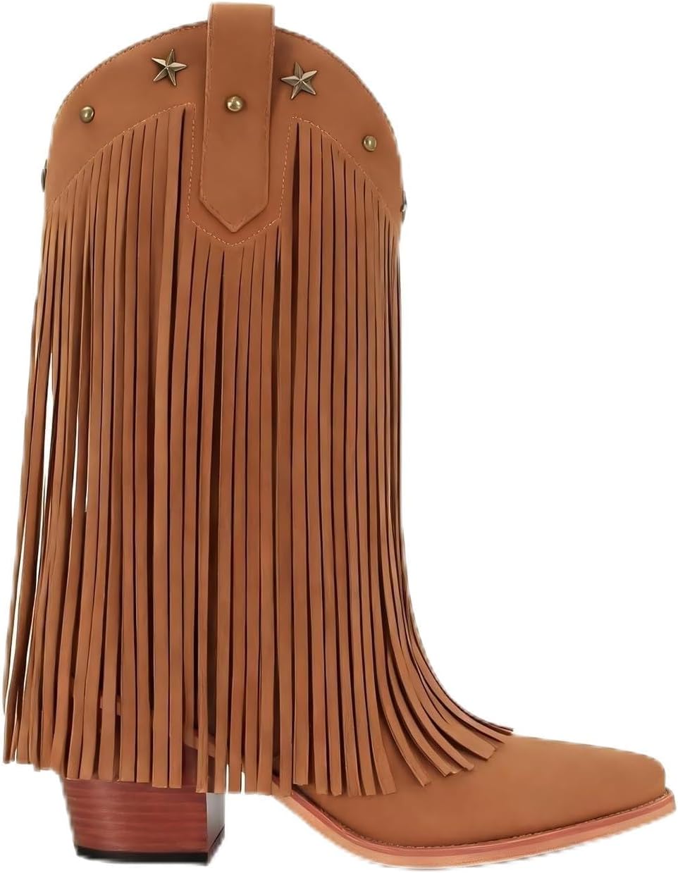 Fringe Cowboy Boots for Women Mid Calf Cowgirl Boots with Star Studded Pointed Toe Pull on Chunky Heel Western Boots
