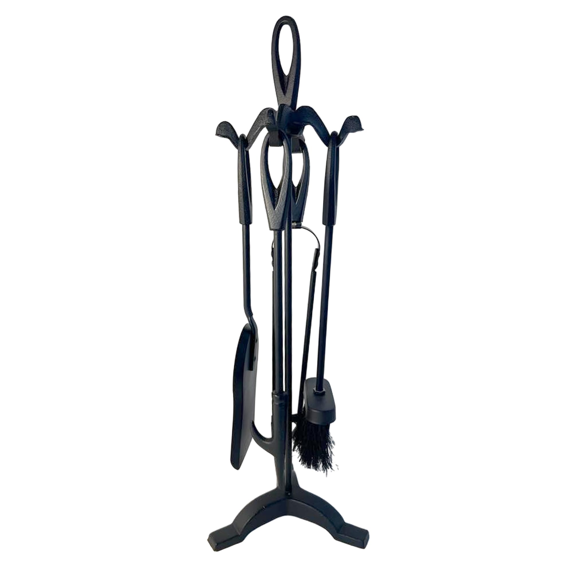 Kaminbesteck aus Metall, mattschwarz, mit Drehgriff, 5-teilig, inkl. Ständer, Bürste, Zange, Schürhaken und Schaufel, 47 cm hoch, Holzofen-Set, Kaminwerkzeuge, Zubehör