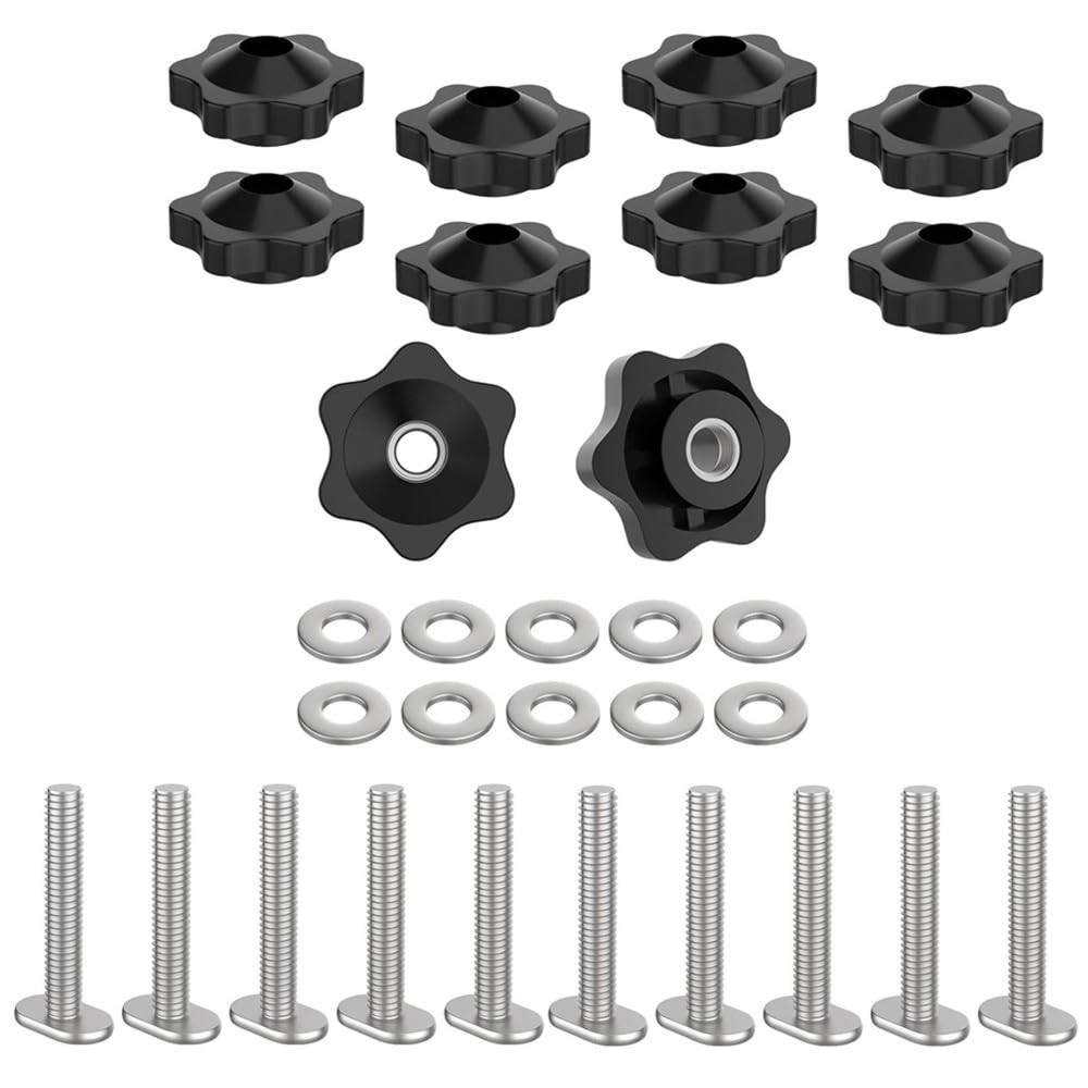 Nondk 10 Sets T Track Bolt Knob Kit, T-Track Accessory Includes T-Slot Bolts With Washers And Star Knobs For Woodworking Jigs