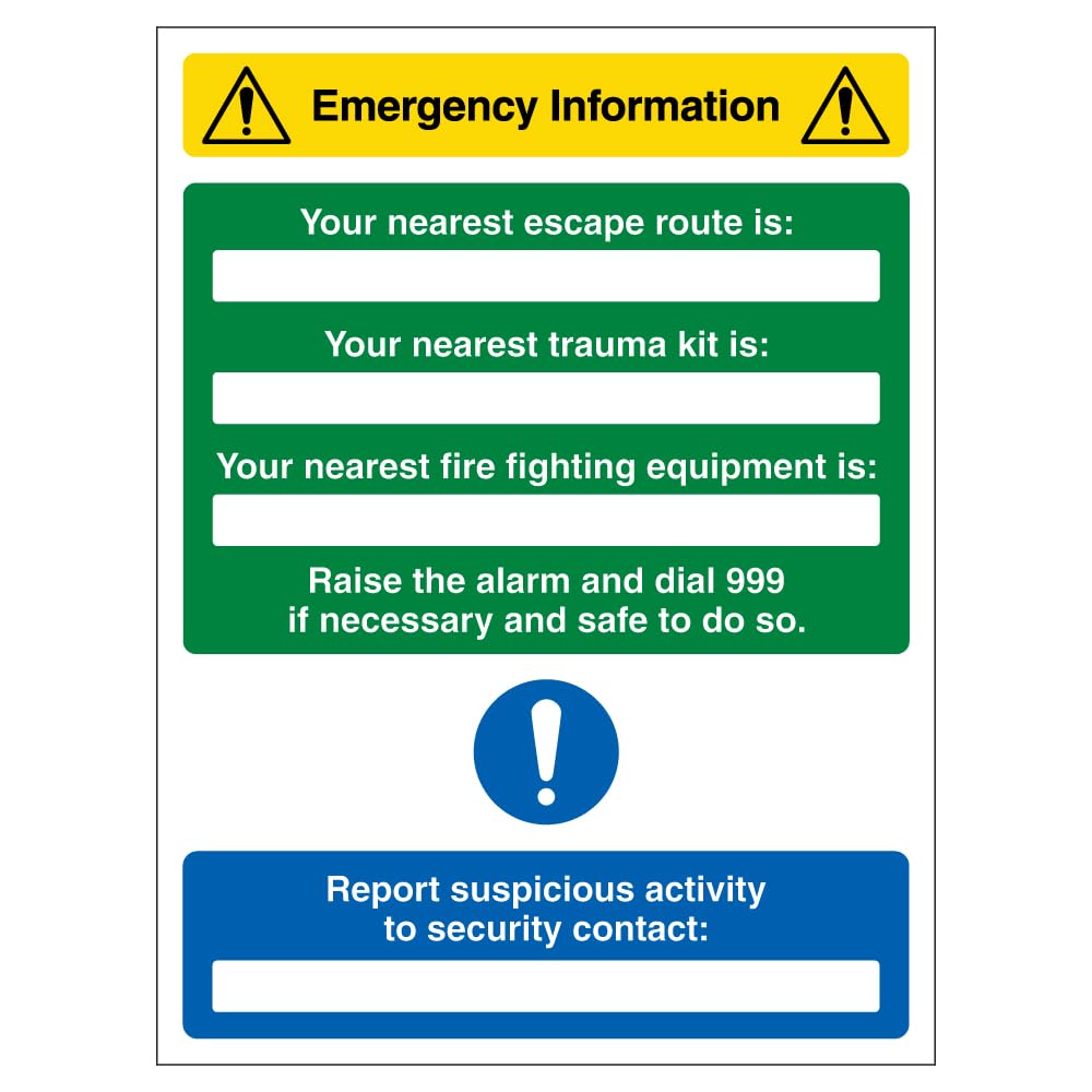 V Safety Emergency Information - Nearest Escape Route/Trauma Kit/Fire Equipment Is 300 x 400mm - 2mm Rigid Plastic Safety Sign