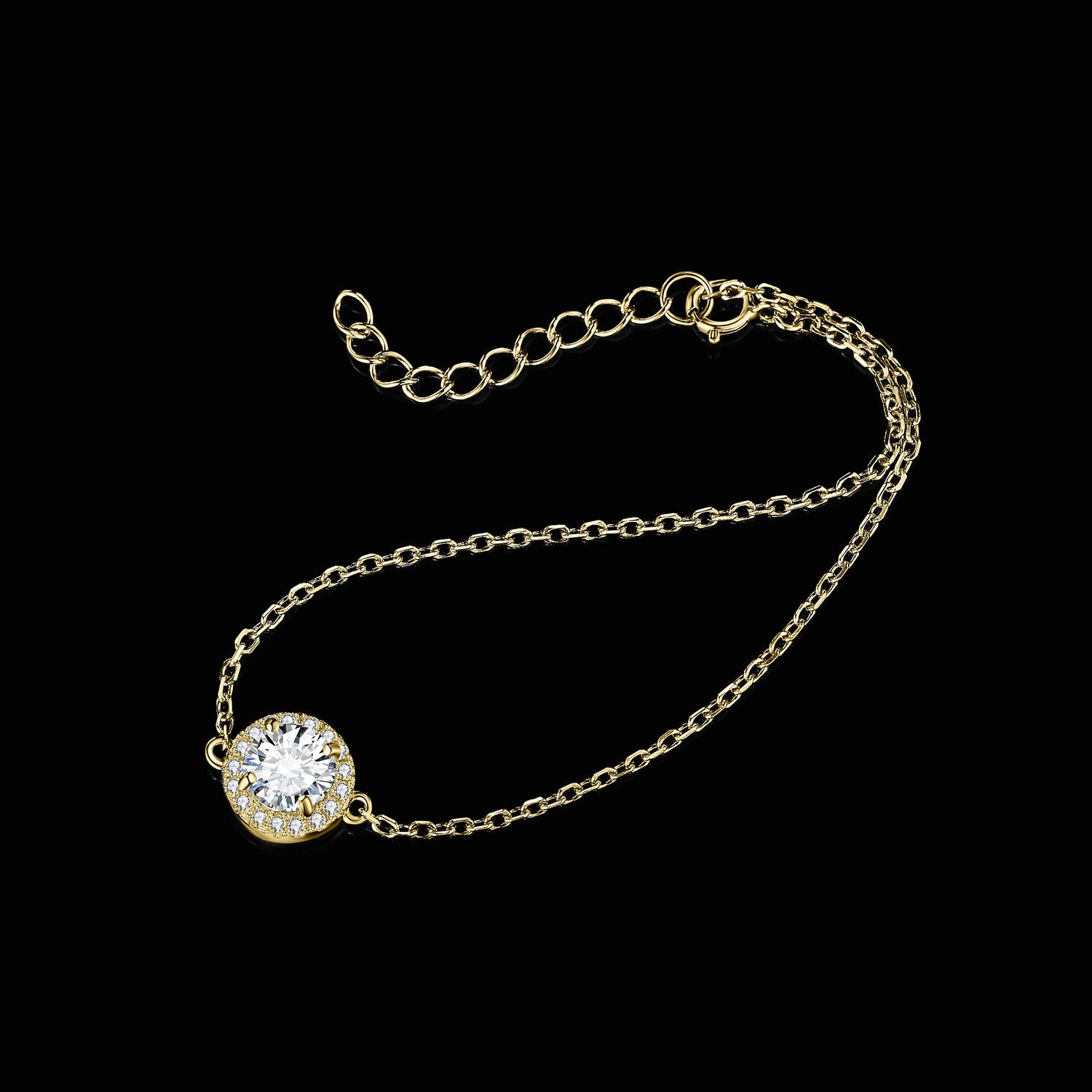 JewelryPalace Halo Ajustable Pulsera Mujer Plata Oro 14k Oro Rosa, Pulsera Niña Moissanita Corte Redonda, Brazalete Mujer Elegante Plata de Ley 925, Regalo Pulsera Piedras Conjunto Joyas Mujer
