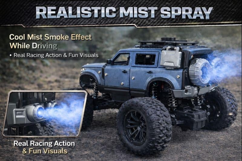 Image of 200+ Feet Range Rechargeable Metal Body Defender RC Rock Crawler Car with Double Mist Spray, LED Headlights, Type-C Port, Off-Road Remote Control Monster Truck Toy for Kids (Blue)