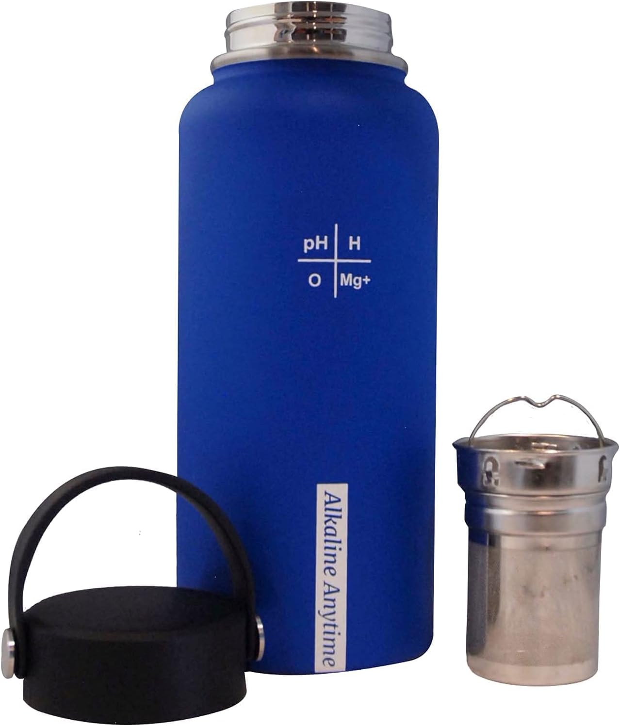 32oz. Alkaline Water Bottle Stainless Steel (950ml) | Premium 9.5+ pH | Wide Mouth Insulated Water Bottle | Carry Handle Lid | Alkaline Ionized Water | Infuser (30g Infuser and 3 Filters, Blue)