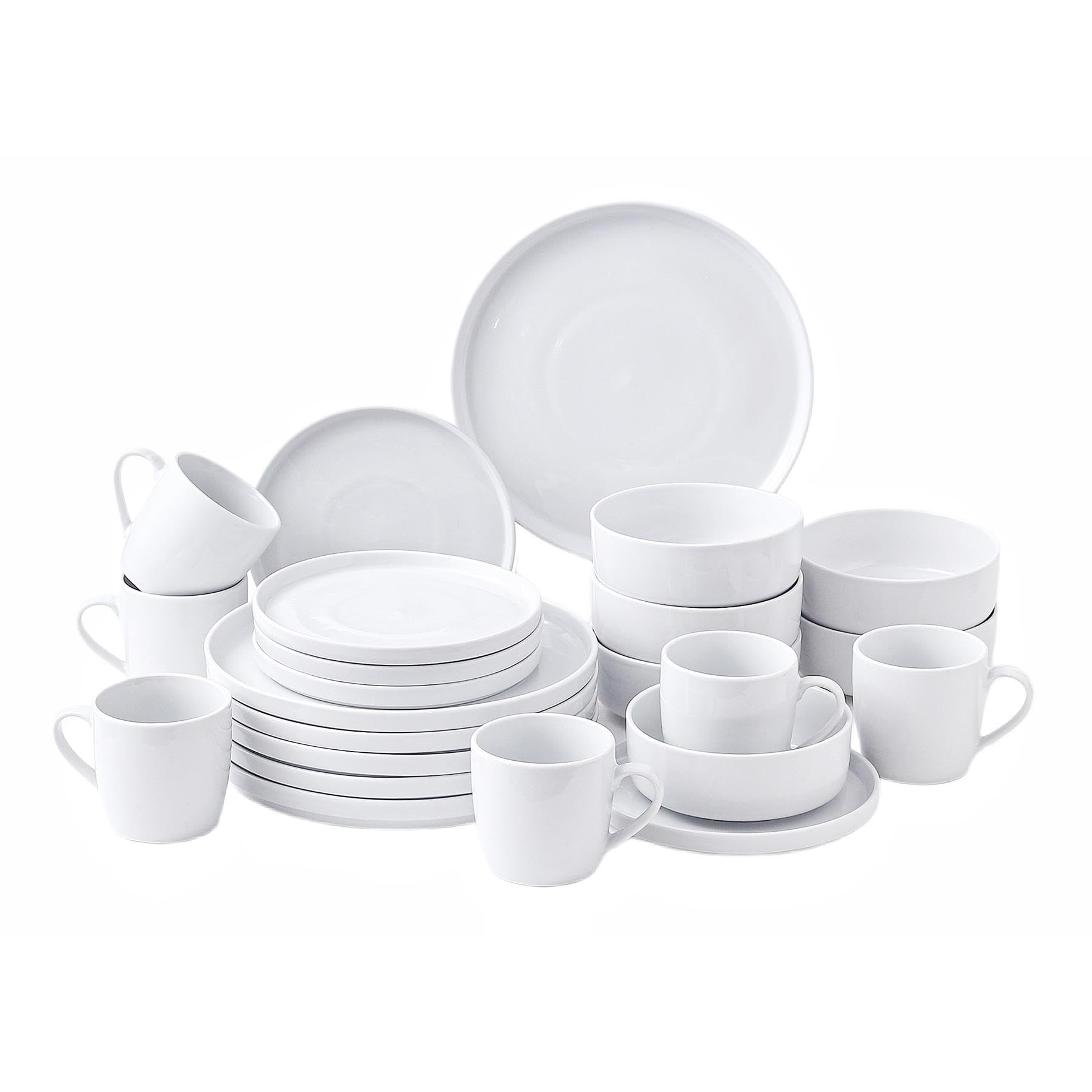 simpa 24PC White Vertical Edge Porcelain Dinner Set, 6 Dinner Plates, 6 Side Plates, 6 Bowls & 6 Mugs, Dishwasher & Microwave Safe