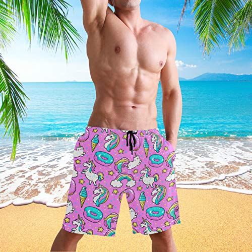 Visesunny Unicorn Ice Cream Donut Print Men's Beach Shorts Swim Trunks Sports Running Bathing Suits With Mesh Lining #TOP4
