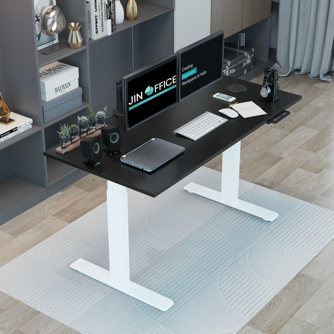 JIN OFFICE Titan Premium Dual Motor 3-Stage Electric Height Adjustable Desk| Sit Stand Table for Home| Standing Desk with 125Kg Wt. Cap, 3 Year Warranty| 3 Memory Presets| White & Black| 1500 * 750mm