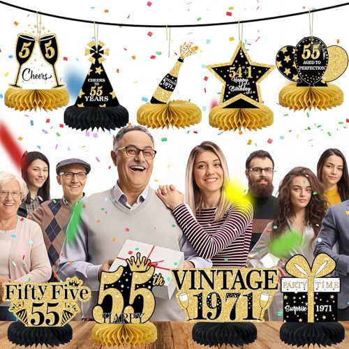 Image of 9Pcs 55th Birthday Decorations Honeycomb Centerpieces for Men Women, Black Gold Happy 55th Birthday Centerpieces Tables Toppers Party Decorations Supplies, Vintage 1971 Aged Table Sign Decor