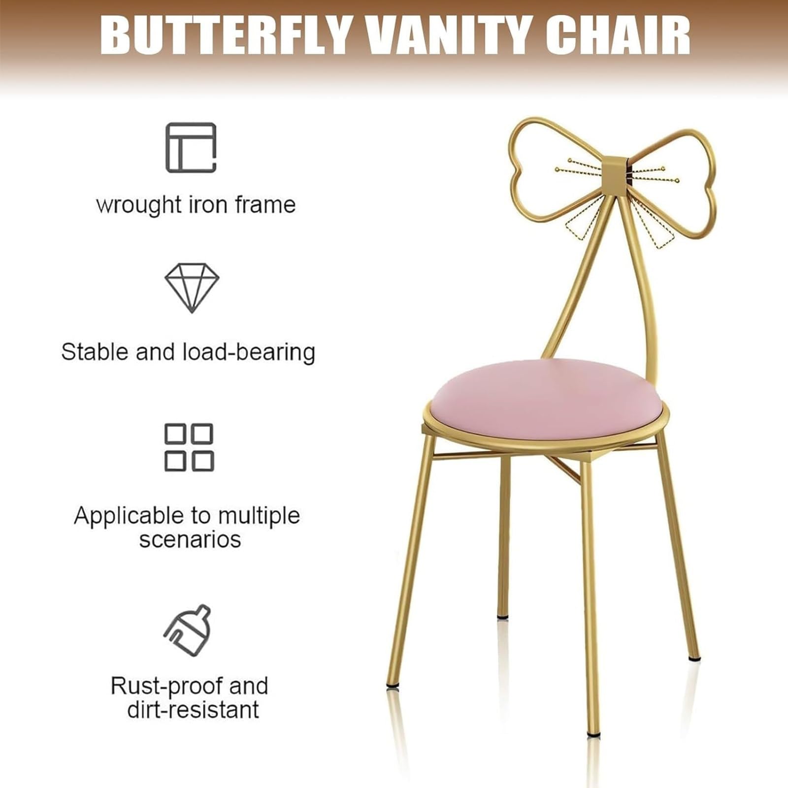 Vanity Chair - Sedia da Trucco for Ragazze, in Velluto Rosa, con Schienale Alto, con Fiocco, for Toletta, Camera da Letto, Spogliatoio, Seduta Comoda Ed Elegante(White)