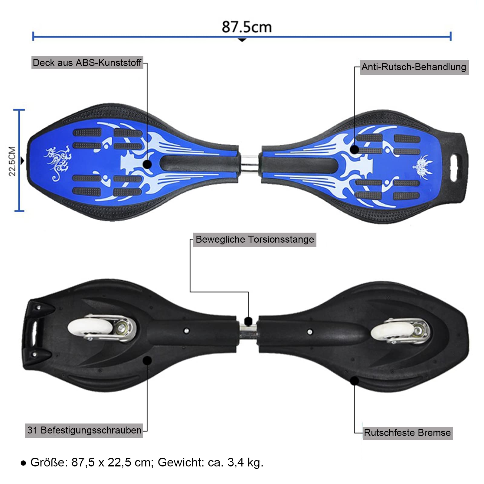Waveboard Kinder ab 10 Jahre, Streetsurfing Waveboard Snakeboard mit Leuchtrollen, Waveboards mit Tasche und Zubehör, Skateboard für Mädchen und Junge, Belastbar Bis 100 kg