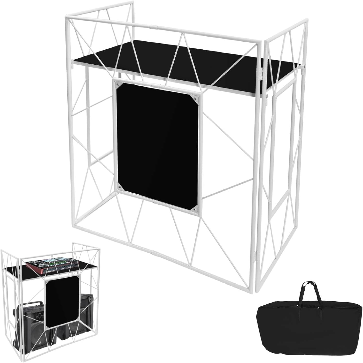 DJ Event Booth with 48"x24" Table | Portable DJ Facade Booth | DJ Facade Table Station with Hand Bag | Foldable DJ Booth for Parties | Lighting Scrims (Black)