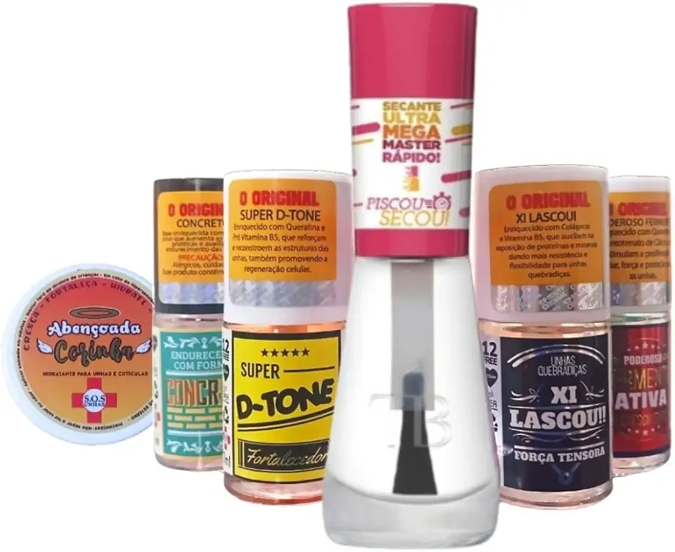 Kit Top Beauty Tratamento SOS Unhas - 4 Bases Fortalecedoras, Piscou Secou e Cerinha - Crescimento e Hidratação