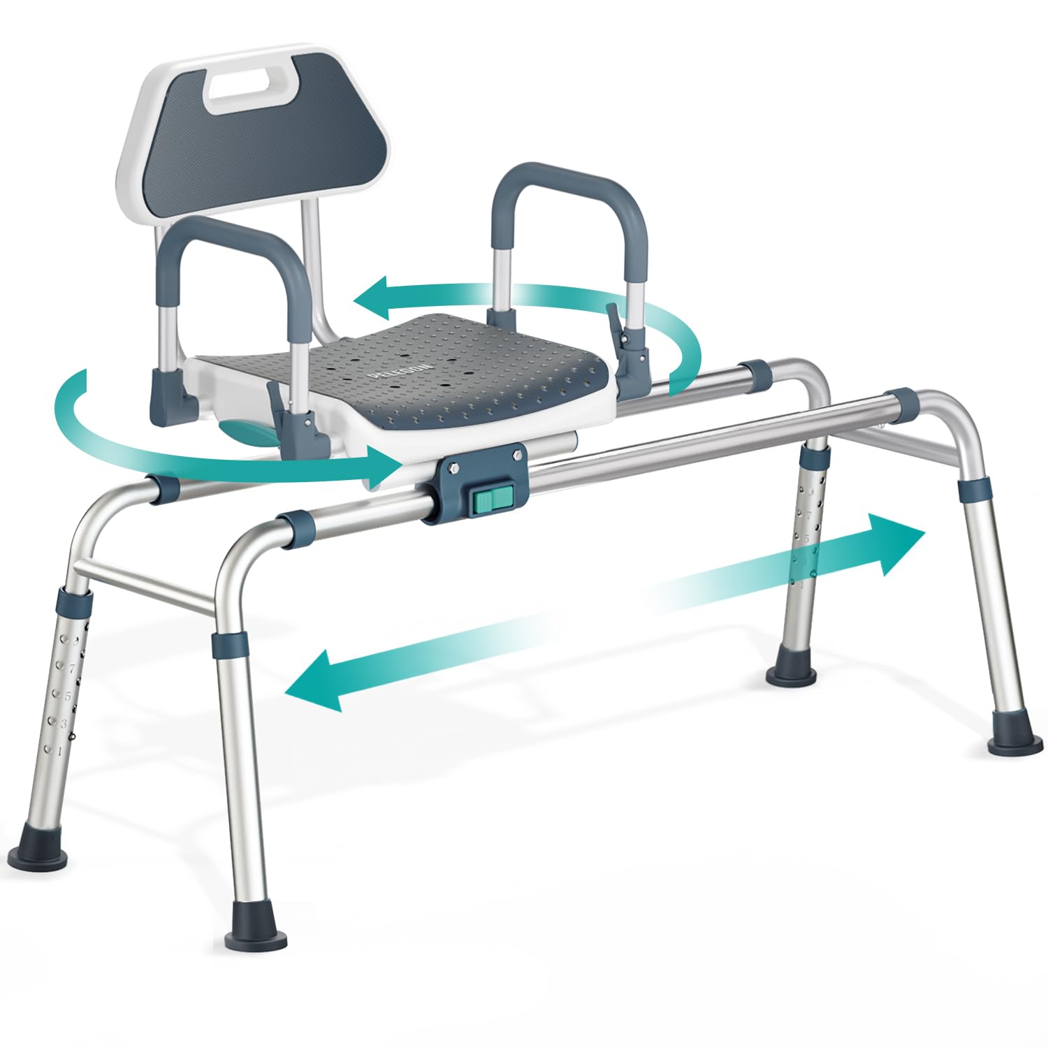 Sliding Shower Chair Tub Transfer Bench with Swivel Seat, Shower Bench for Elderly and Disabled, with Security Belt, 360 Rotation, Slides and Rotates, Adjustable,one Touch Slide Button, Dark Blue