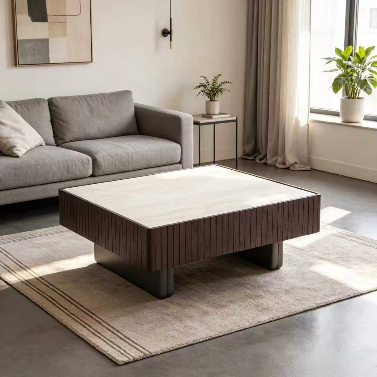 31.5-Inch Square Sintered Stone Coffee Table with Drawer