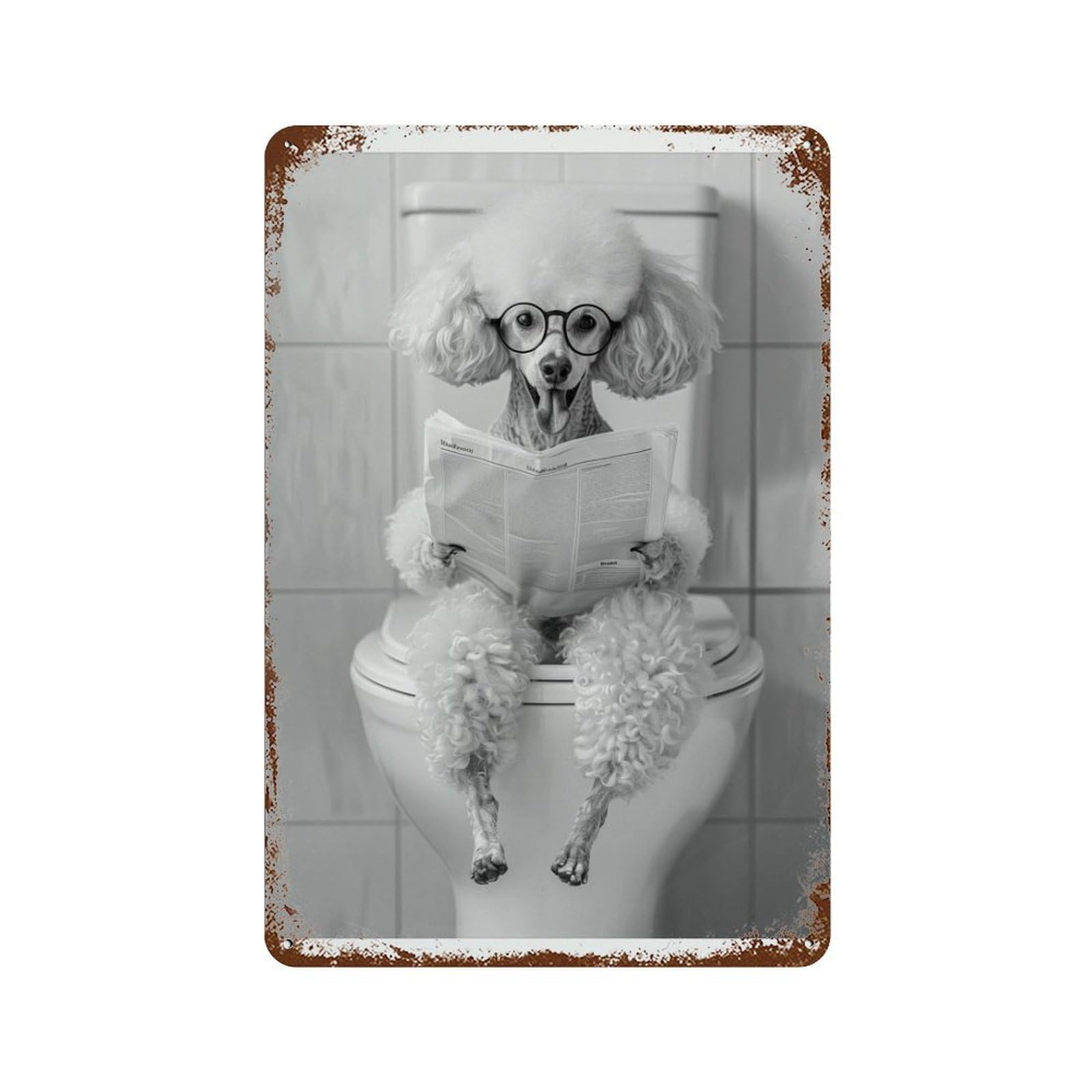 xiaoxiaoshen Funny Poodle Newspaper Bathroom Pet Wall Decor Art Metal Tin Poster Modern Home Decor Art Home Bar Shop Decorations Vintage Sign 30x20cm