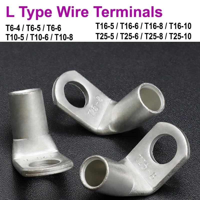 10/50 Piezas de terminales de Cable Tipo L en ángulo Recto con Punta Curva de 90 Grados T6/10/16/25-4/6/8/10, terminales de crimpado de Cable de Cobre estañado(T25-8,50pcs)