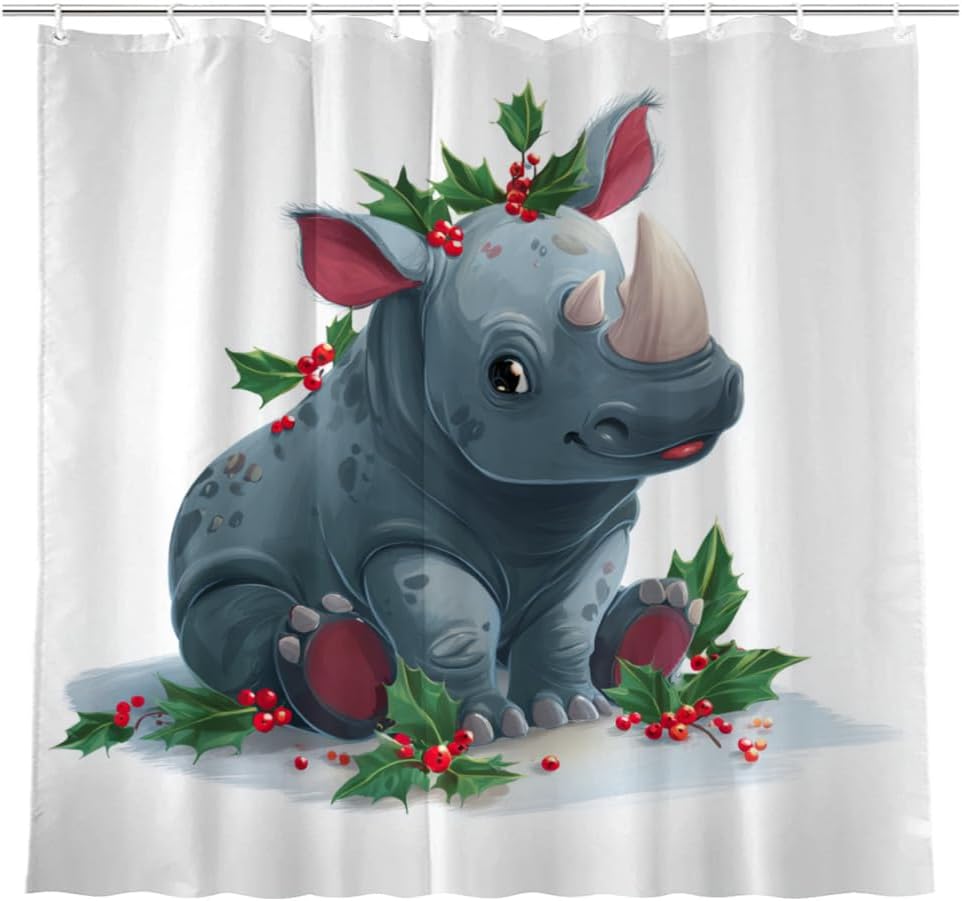 Moose Shower Curtain Christmas with Holly Leaves and Berries 72x72 Inch 12 Hooks Home Hotel Bathroom Decoration