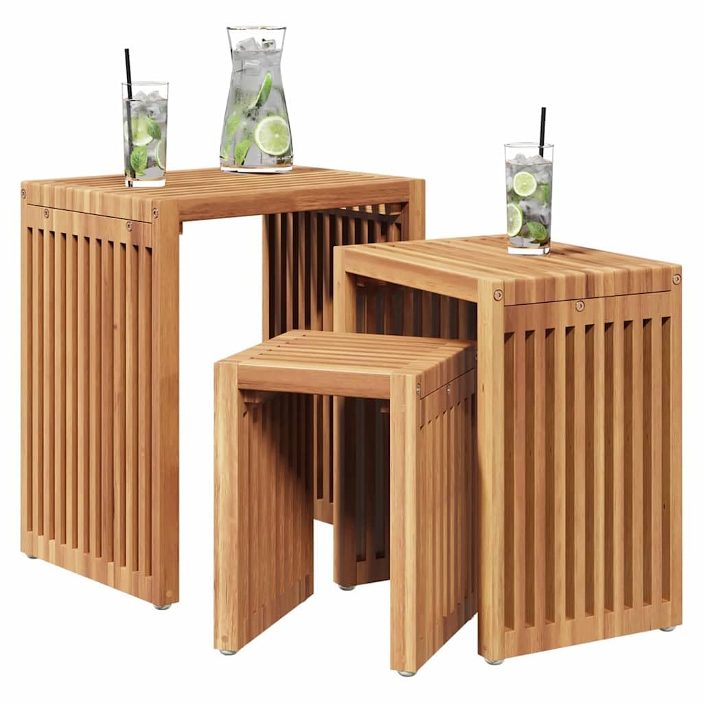 Stolik pomocniczy ogrodowy, zestaw 3 sztuk, kolor brązowy, z litego drewna tekowego, 33 x 44,5 x 51 cm, na taras, balkon, do ogrodu, na patio, kemping, piknik, jedzenie i grillowanie