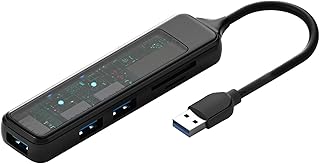 USB Data Hub, 5-in-1 Fast Data Transfer USB Hub, USB 3.0 Ultra Slim Data Hub with 3 Port and 2 Card, High Transmitter USB Data Splitter, Durable USB Docking Data Station for Camera Printer Mobile