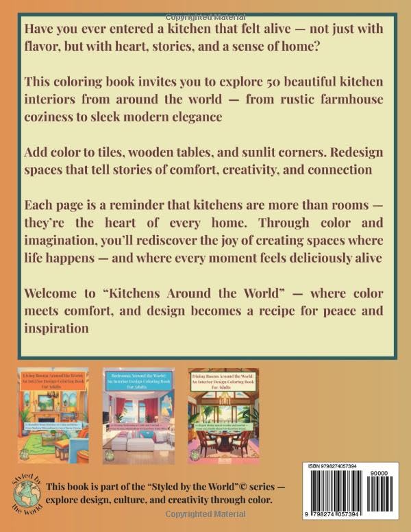 Kitchens Around the World: An Interior Design Coloring Book For Adults: 50 Stunning kitchen designs to color and relax From Rustic Charm to Modern Minimalist Style (Styled by the World) image 3