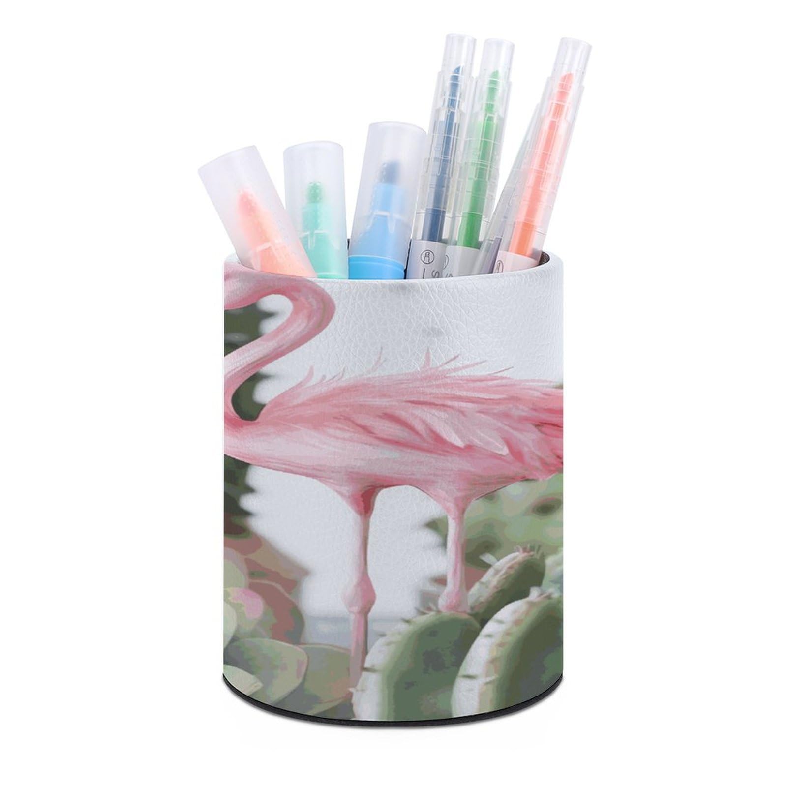 MUSM Pink Flamingo Succulent Plants Pen Holder Large Capacity Pen Holder Modern PU Pencil Holders Durable Waterproof Pens Cup for Home Office Desktop Organizer