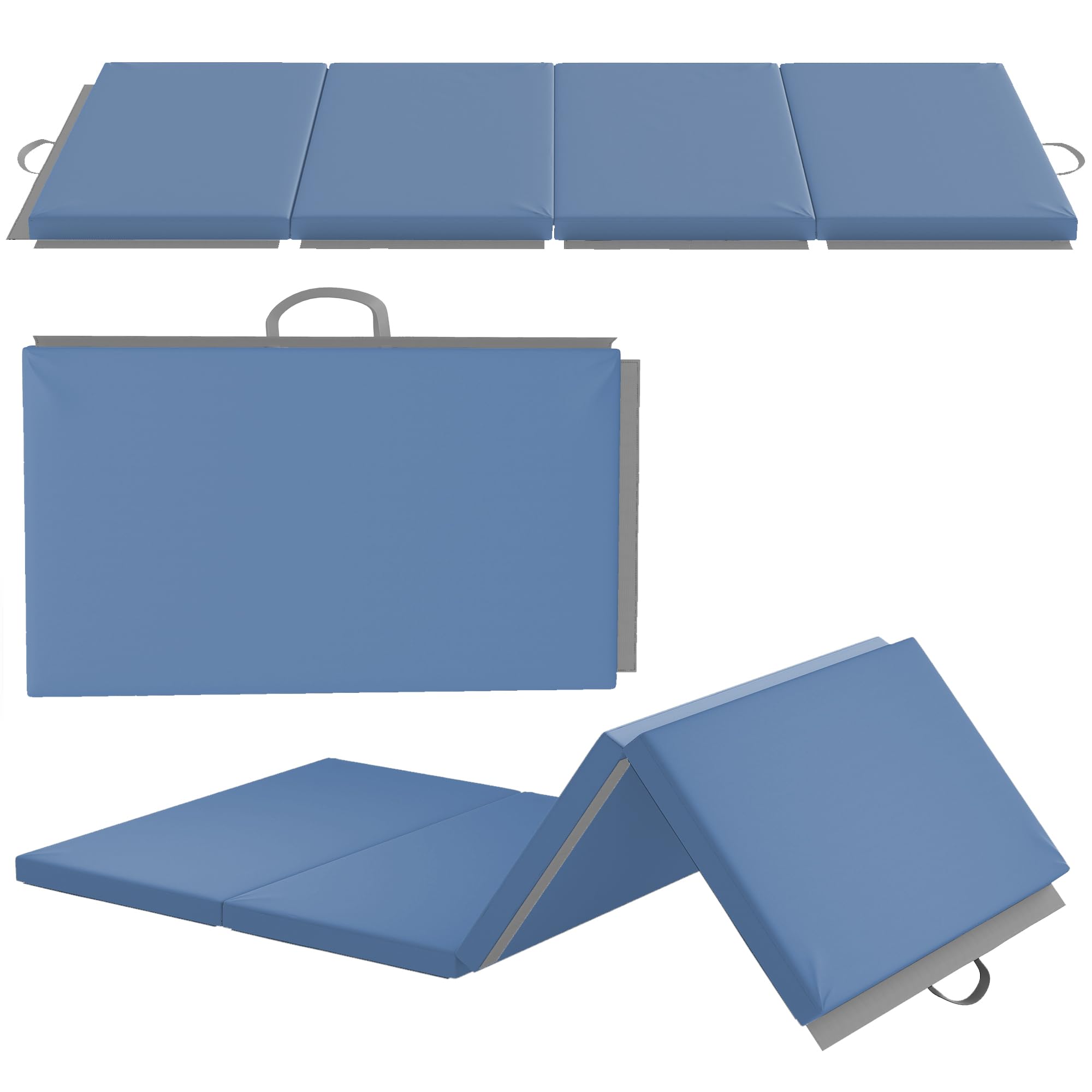 HOMCOM Tapis de gymnastique pliable, tapis gymnastique épais, avec poignée, tapis de sol pour yoga, mma, sport, fitness, pilates, revêtement synthétique, bleu clair