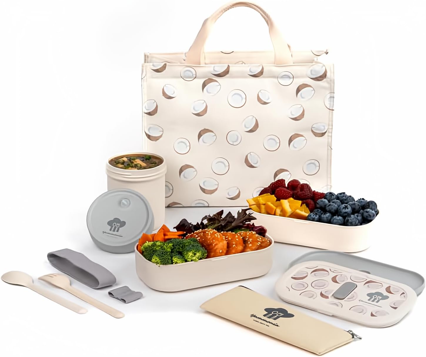 Premium Bamboo Fiber Yellow Butter Lunch Box Set with Double-Layer Box, Soup Cup, and Cutlery in Heat-Saving Bag. Sustainable Double-Layer Lunch Box Set with Soup Cup and Cutlery in a Heat-Saving Bag