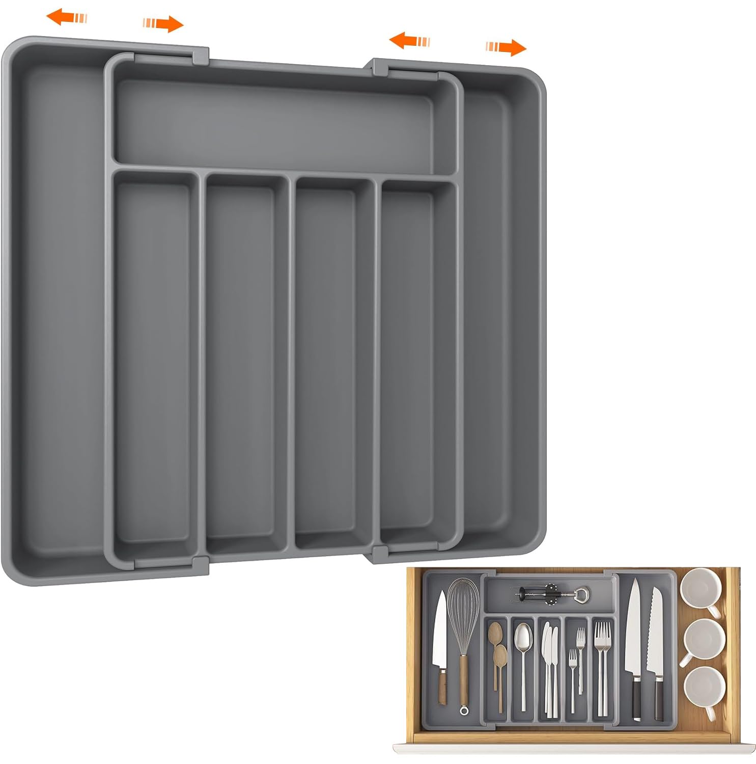 Tycom Kitchen Drawer Organizer, Expandable Cutlery Tray Utensil Silverware Holder, Drawer Dividers Flatware, Knives in Kitchen（Plastic 38 * 33cm Grey）