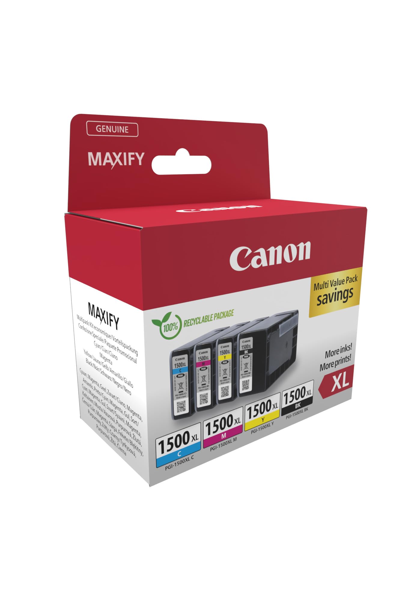 Canon PGI-1500 XL C M Y BK Pacchetto di 4 Cartucce d'inchiostro portata XL (Nero XL Ciano XL Magenta XL Giallo XL) Certificato (cartone riciclabile2024)