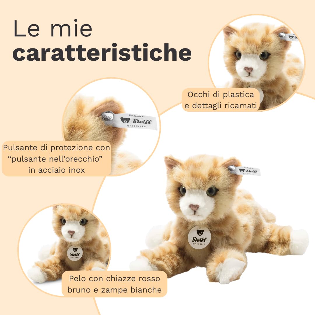 Steiff Peluche Gatto Mimmi, dolce animale di stoffa con occhi in plastica per bambini e bambine, pupazzo di 24 cm, giallo, 099229