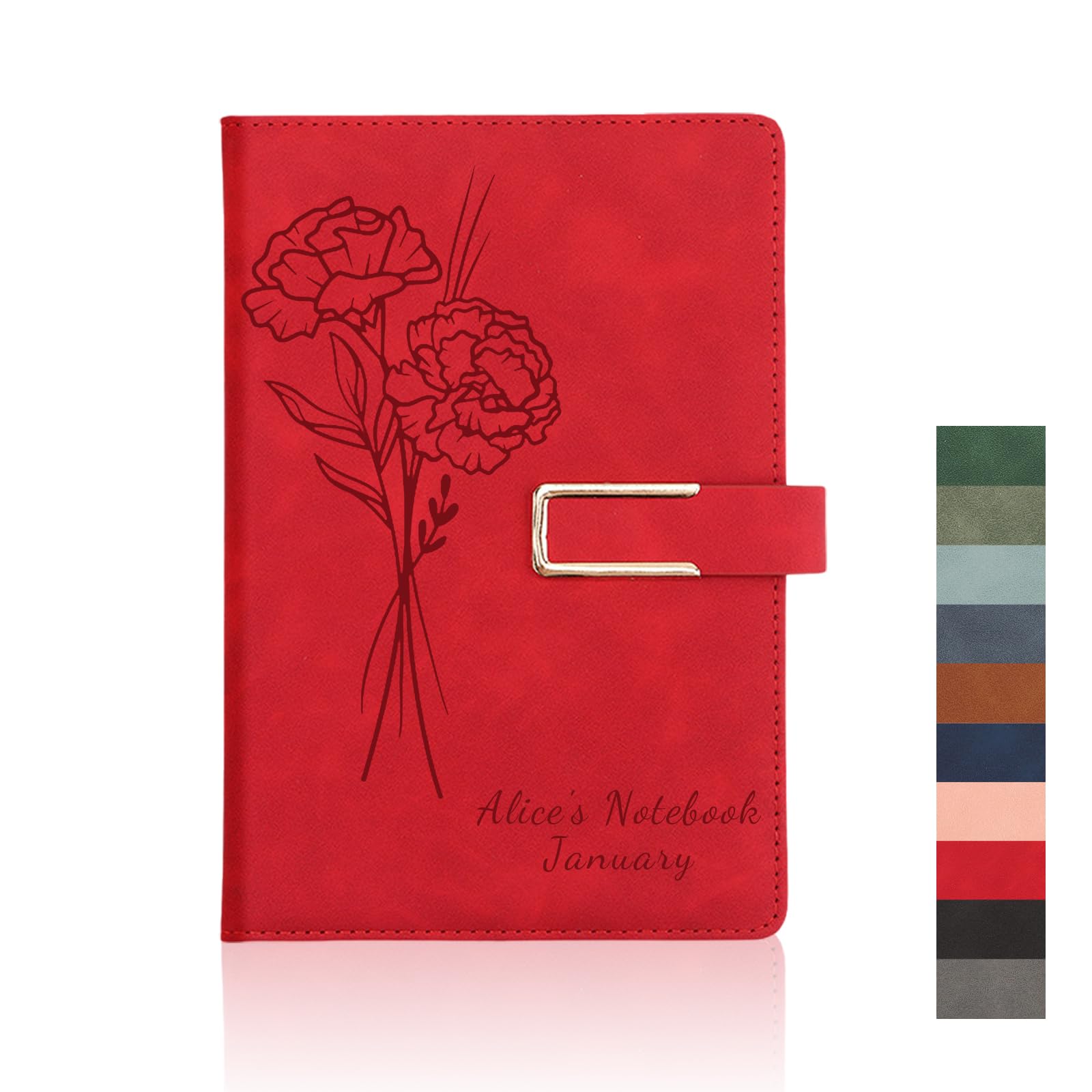 Personalised A5 Notebook, Custom Name & Birth Flower Journal, Birthday Gift (Red)