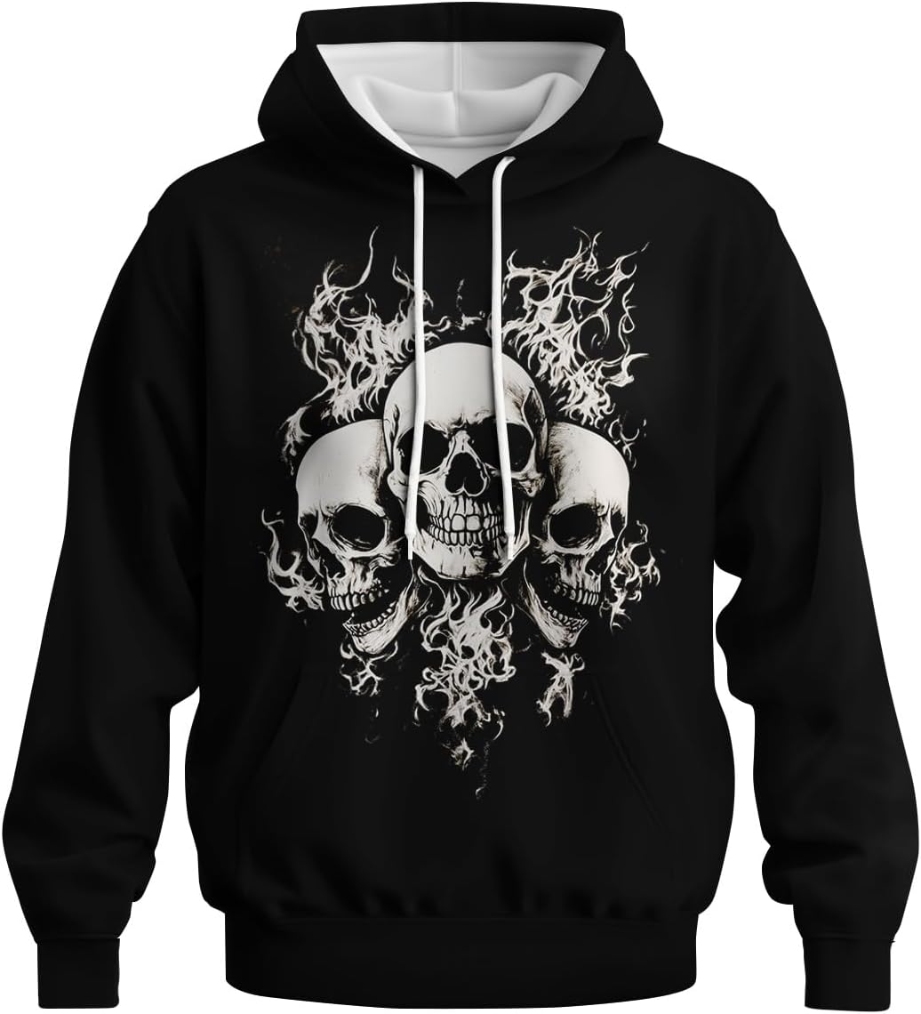 Mens Goth Skull Graphic Long Sleeve Pullover Hoodie