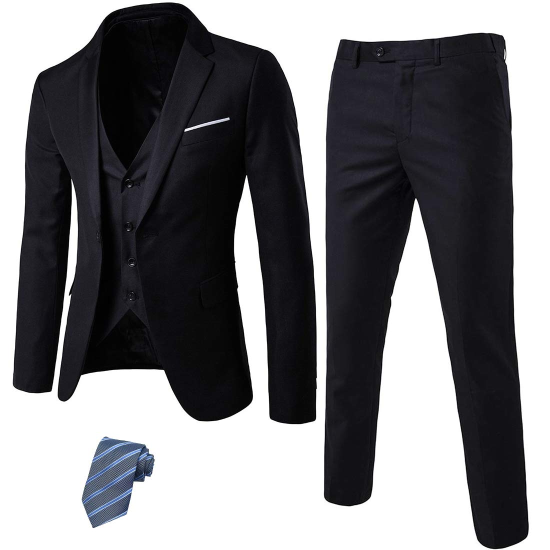 Mens 3 Piece Suit Blazer, Slim Fit Tux with One Button, Jacket Vest Pants & Tie Set for Party, Wedding and Business