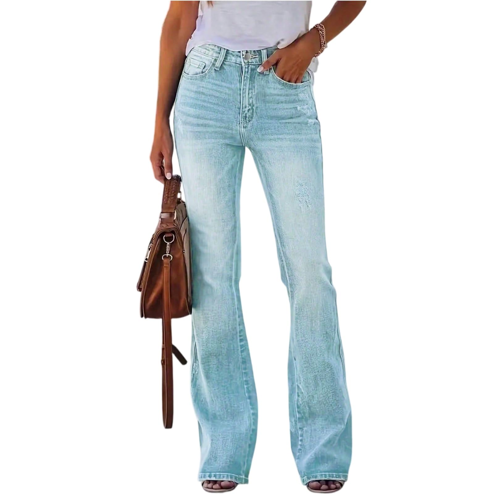 Wide Leg Jeans Damen High Waist Flared Jeans Stretch Schlaghose 70er Jeanshose Lang Freizeithose Weites Bein Bootcut Hippie Hose Elegant Damenhose Bequem Vintage Schlupfhose Trousers for Women