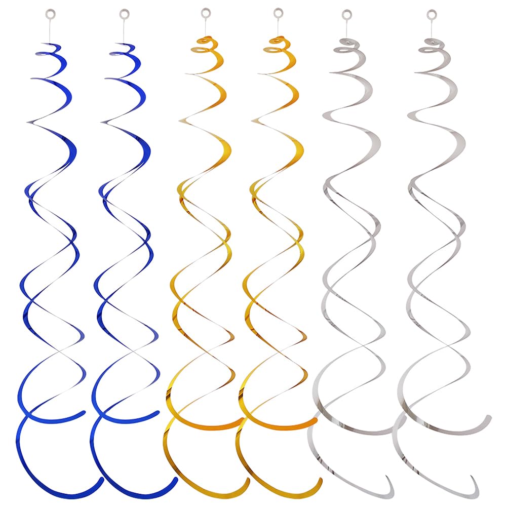 ccHuDE 36 Sets Hanging Swirls Decorations Foil Plastic Party Streamers Ceiling Swirl Streamers Birthday Swirl Garland Christmas Hanging Whirls with Hooks for Wedding Graduation Gold Silver Blue