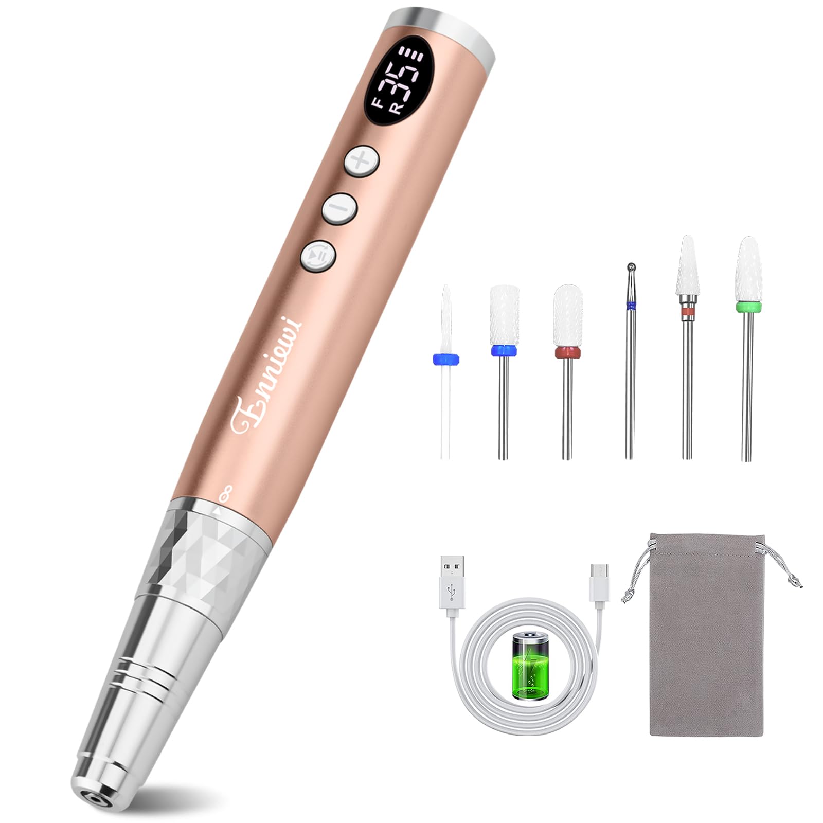 Enniewi Torno para Uñas Profesional, Recargable 35000 RPM Velocidad Ajustable, Inalámbrico Lima Electrica Uñas, Lápiz Manicura y Pedicura, Pulidor Portatil, Kit con 6 Brocas, para Salón DIY