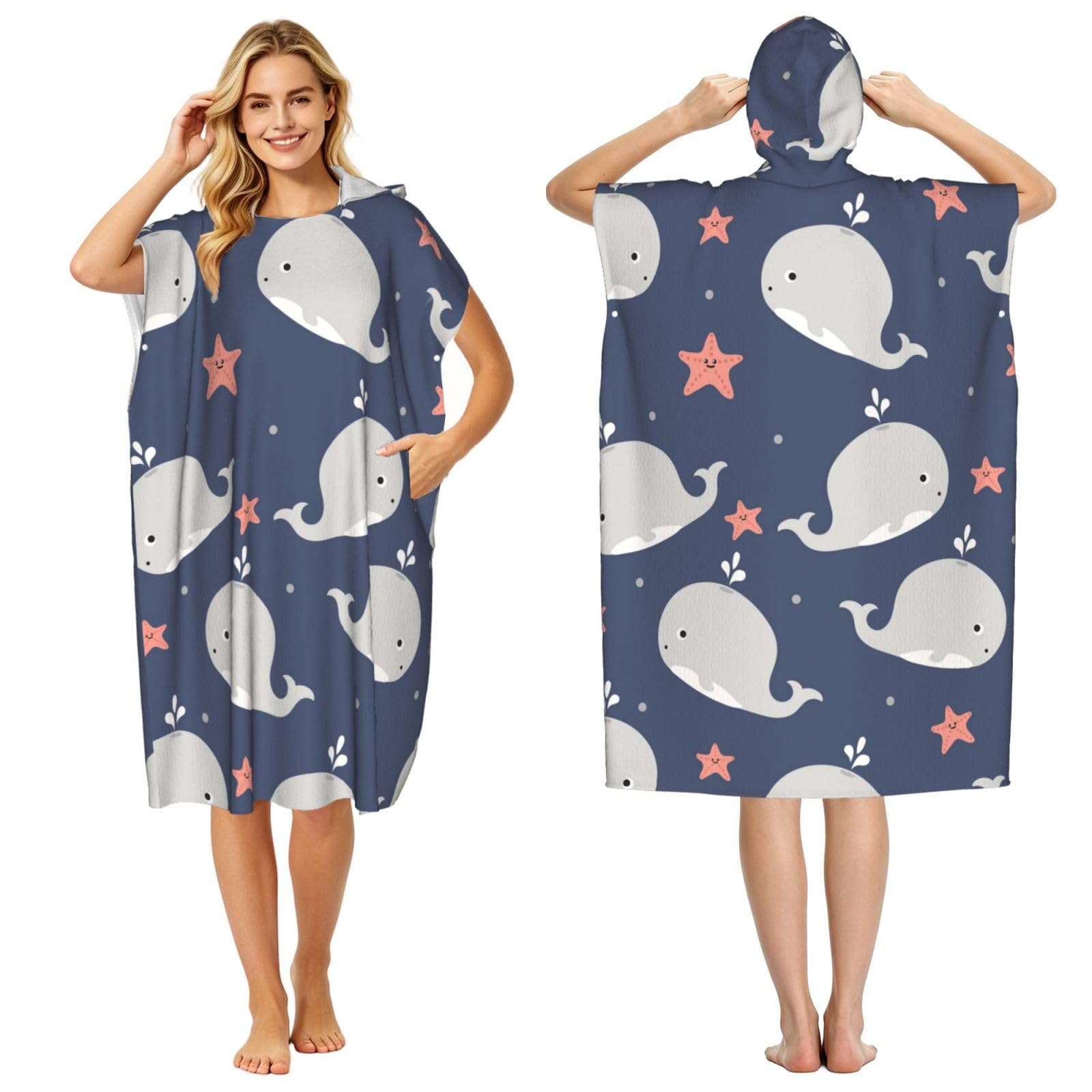 Poadnly Cartoon Whale Print, Adult Hooded Beach Towel 90 x 110 cm,Changing Bath Robe, Surf Poncho Towel For Women Men