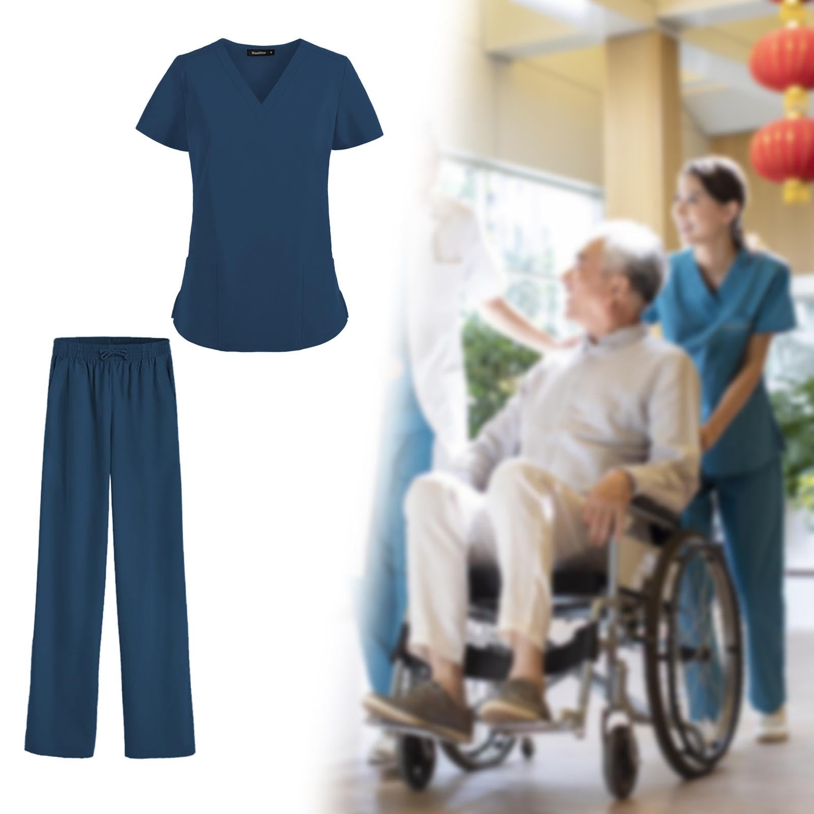 Oshhni Frauen Scrubs Sets Arbeitskleidung Kleidung Dünne Krankenpflegeuniformen Set Kurzarm für Skin Manage Cosmetology Beauty Spa Center, Marine, xxL