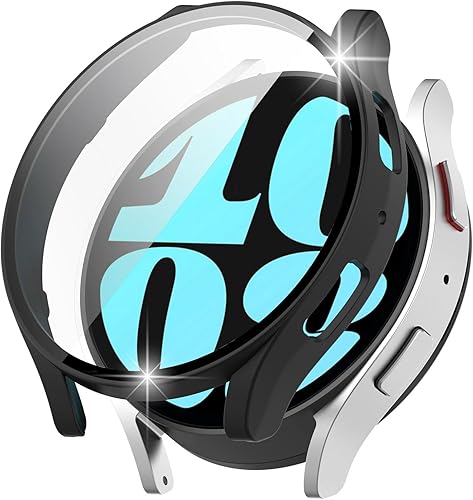 Miimall Funda compatible con Samsung Galaxy Watch 6 de 1.575 pulgadas (1.575 in) con protector de pantalla de cristal, a prueba de golpes y caídas