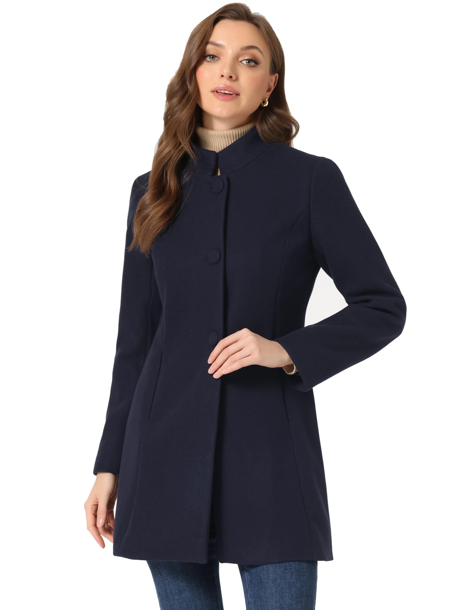 allegra k Women's Winter Overcoat Mid-Long Stand Collar Single Breasted Coat Outerwear, Navy Blue, Large-picture-19