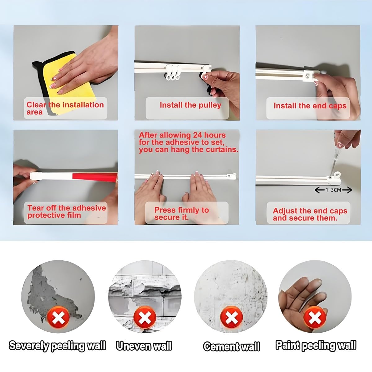 Système de rail de rideau adhésif, sans perçage, montage au plafond/mur, ensemble de guides coulissants pour cloisons de pièce, rideaux de douche et installation facile, crochets sans dommages (5,20 m