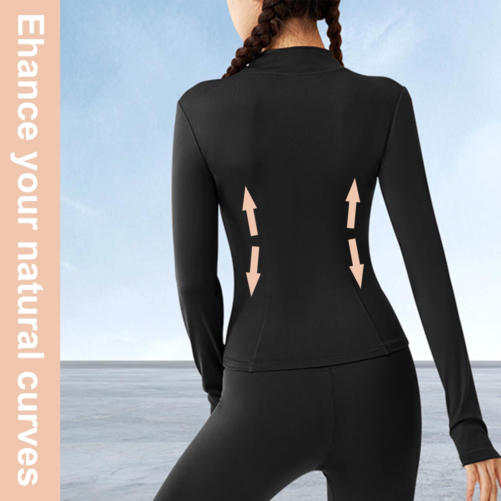 Sportshirt Damen Langarm, Gym T-Shirt Laufshirt mit Langer Reißverschluss, Leicht Fitness Oberteil Sweatshirt, Yoga Langarm Crop Top mit Daumenloch, Sportjacke für Frauen