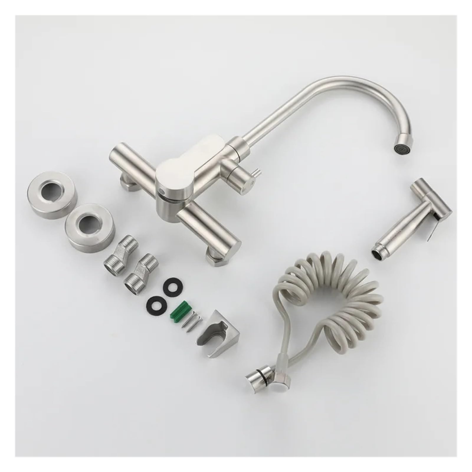 1 Uds. Grifo de cocina mezclado en frío y caliente de doble orificio de acero inoxidable 304, grifo giratorio de lavandería for balcón montado en la pared con pistola pulverizadora