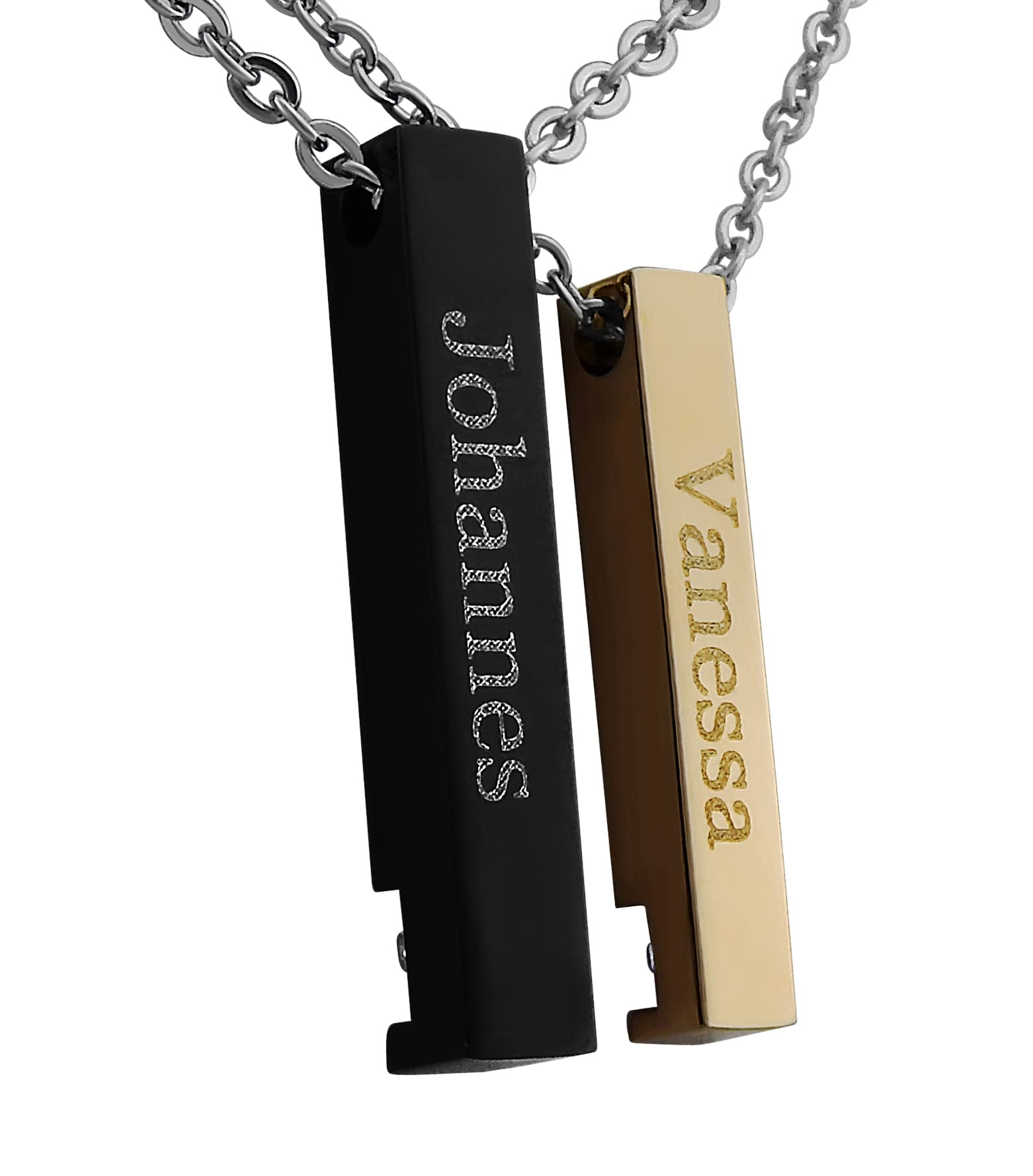 2 Stück Personalisierte Kette mit Gravur Edelstahl 50 cm mit Anhänger Flammen und Feuer in silber schwarz gold - Personalisierte Geschenke für Damen Herren Freundin Freund - Partner Halskette