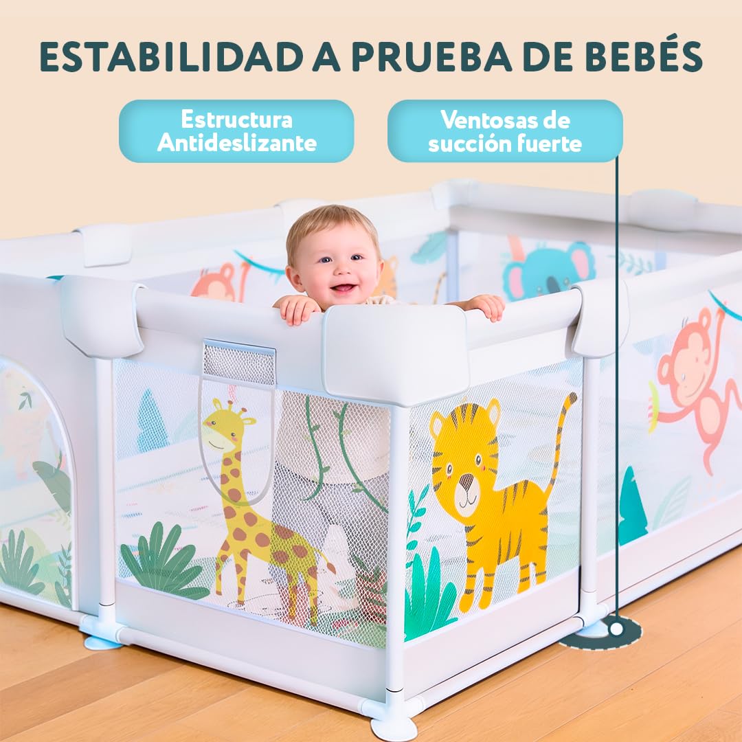 Parc pour bébé de la Selva 150 x 180 cm – Parc bébé avec maille respirante – Parc pliable antidérapant tapis rembourré + 4 poignées + sac de transport
